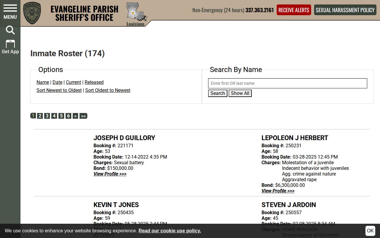 Evangeline Parish Sheriff inmate roster name search interface