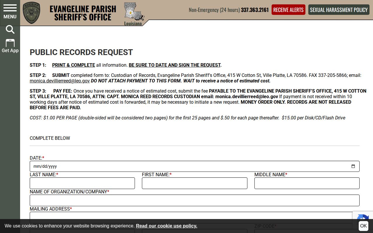 Evangeline Parish Sheriff public records request instructions and form