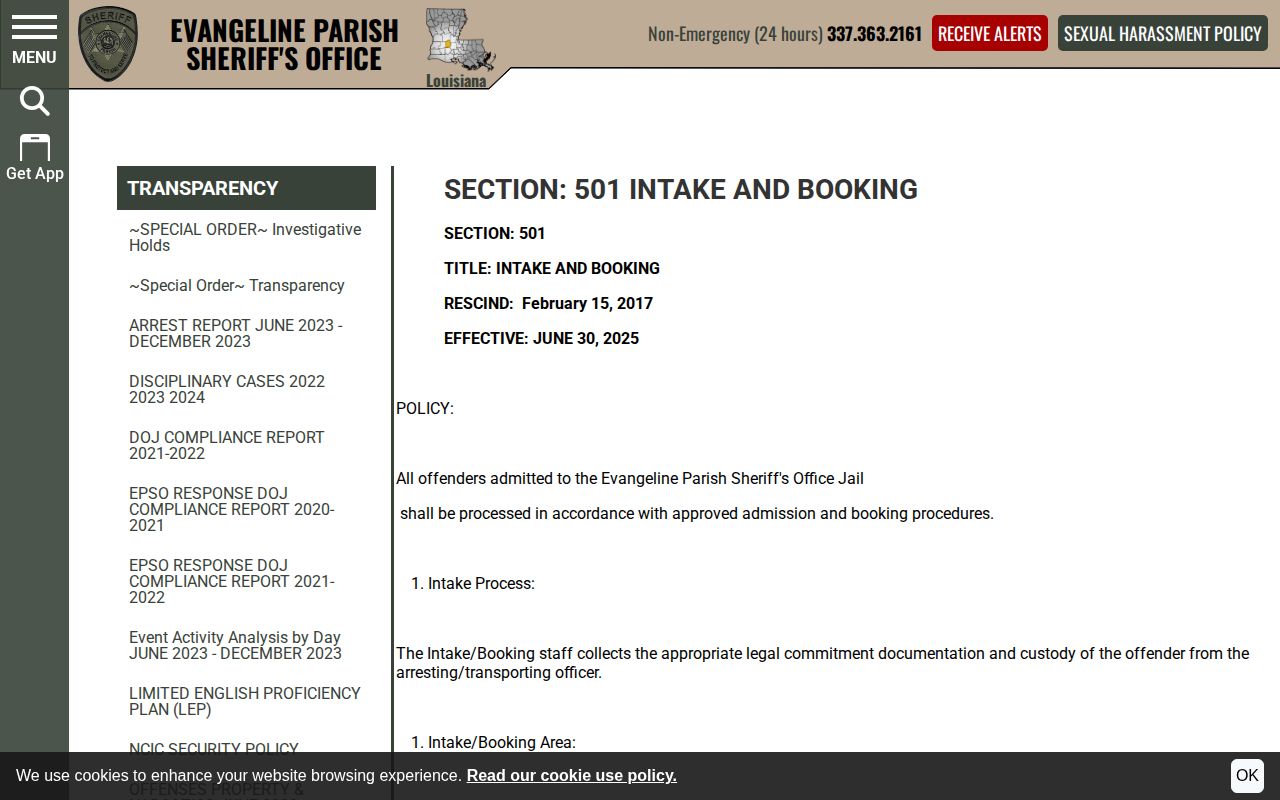 Evangeline Parish Sheriff intake and booking policy section