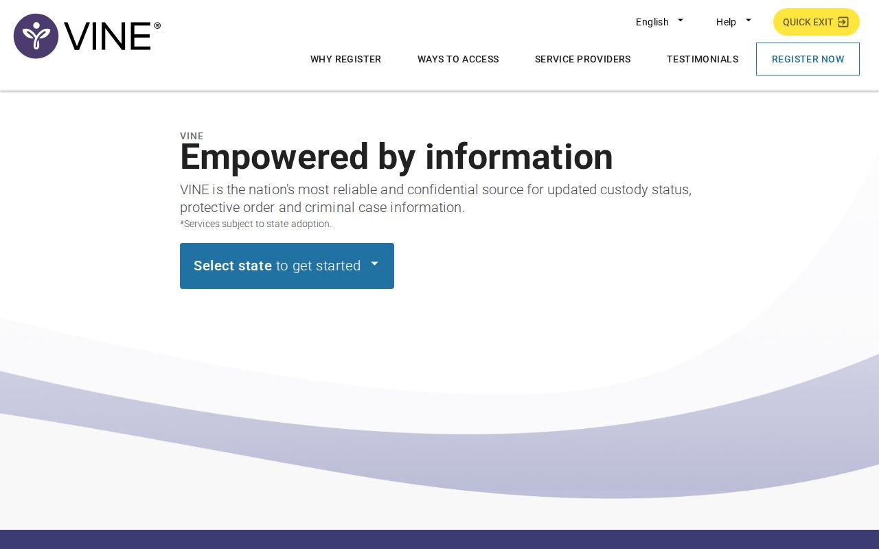 Official VINELink entry screen used to select a state and begin notification registration