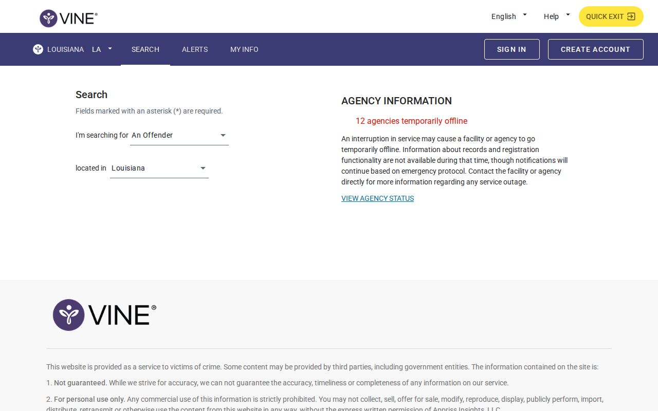 VINELink Louisiana person search interface for a custody lookup