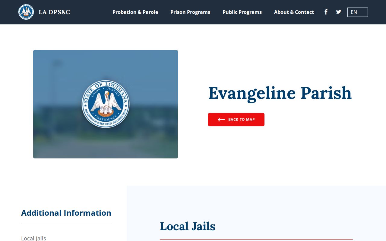 Louisiana DOC Evangeline Parish facility directory showing distinct custody locations