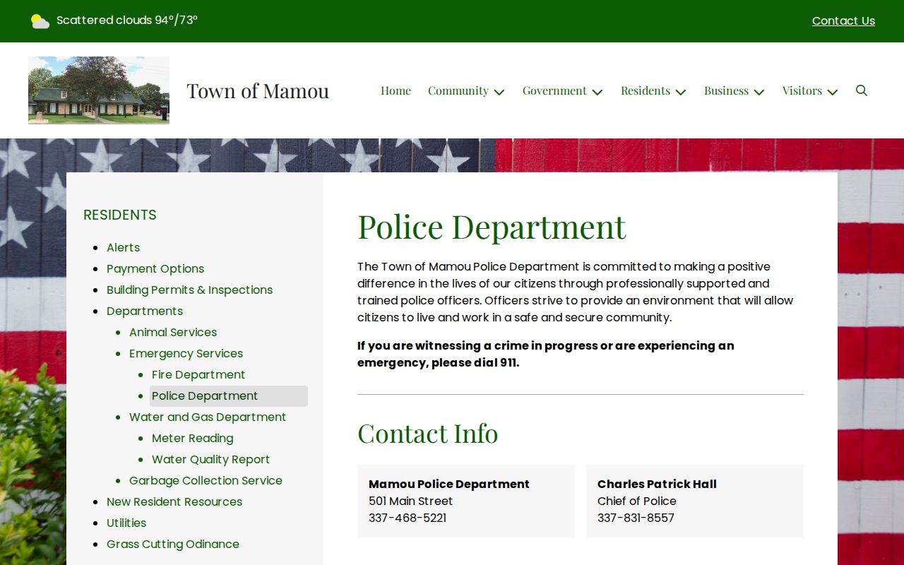 Official Mamou Police Department webpage with contact information