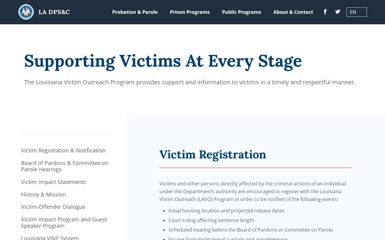 Louisiana DPS and Corrections victim services page describing VINE custody notifications