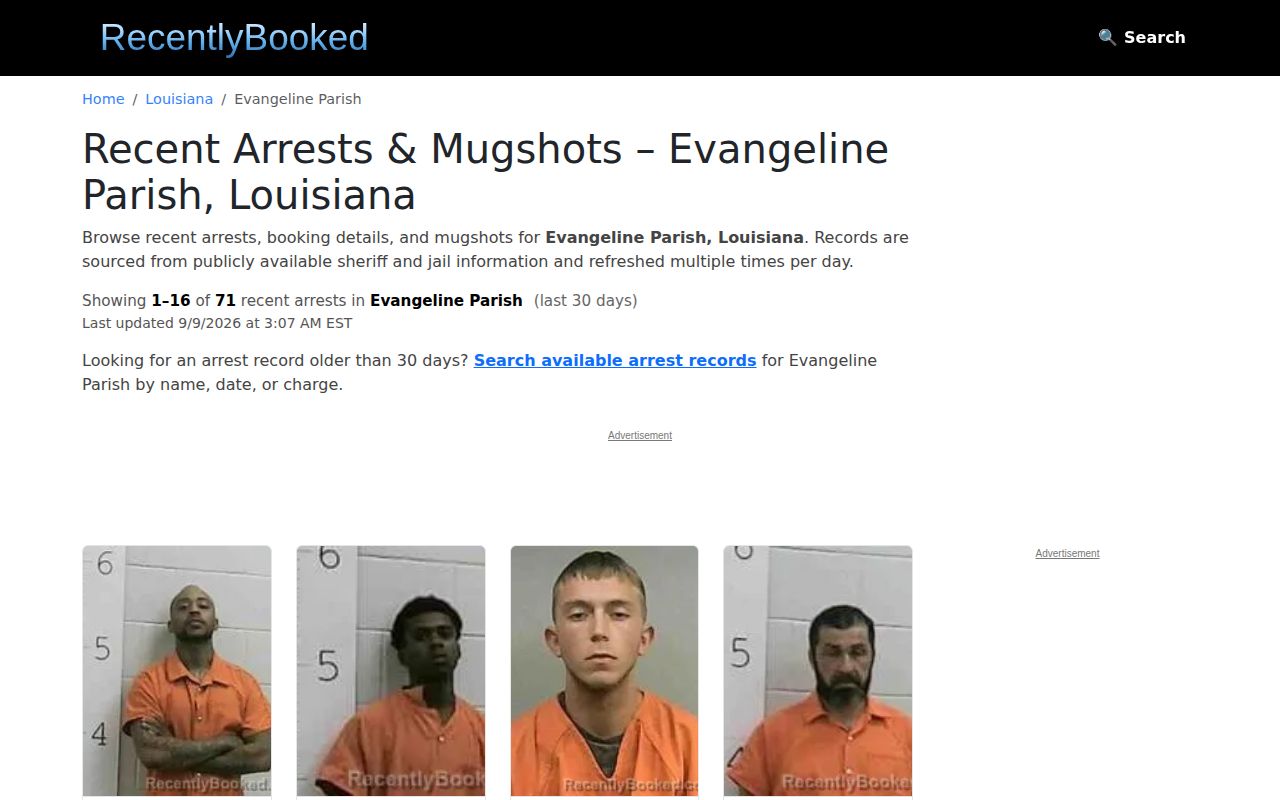 RecentlyBooked unofficial Evangeline Parish booking page interface